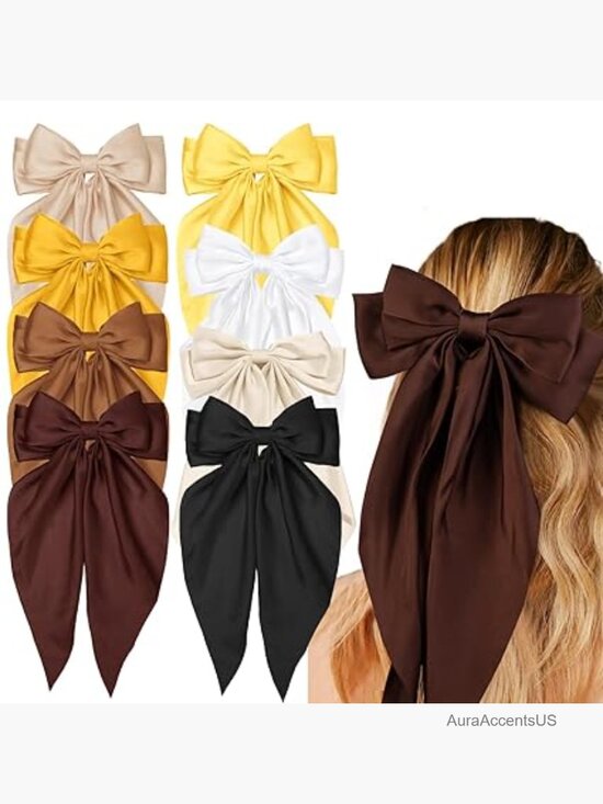 Handmade Satin Hair Bows with Long Tails 8 Pack Oversized Clip